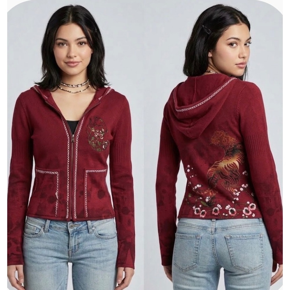 Raw 7 USA women's medium 100% cashmere y2k zip up tiger floral embroidered